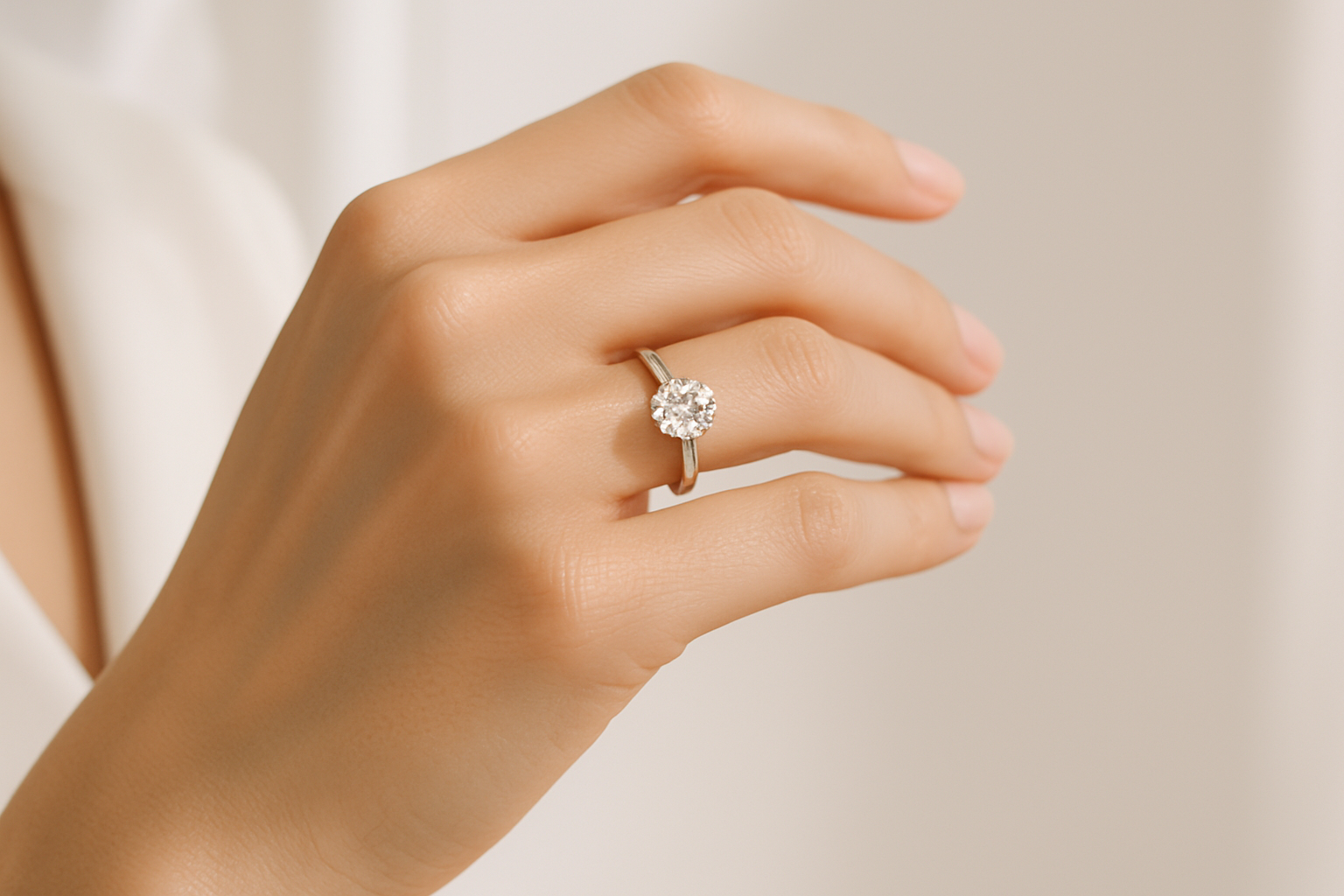Describe how Rabami is helpingh them serve better, with light background and a model with diamond ring